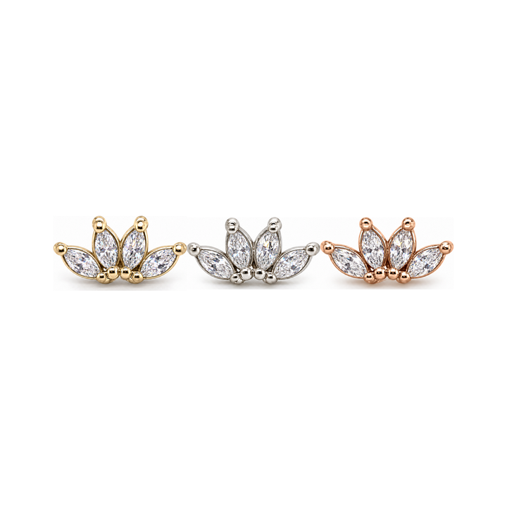Marquise 4 Fan 3x1.5mm CZ Threadless End 14k (T11/12/13) AuAdore — Yellow, White, and Rose Gold comparison