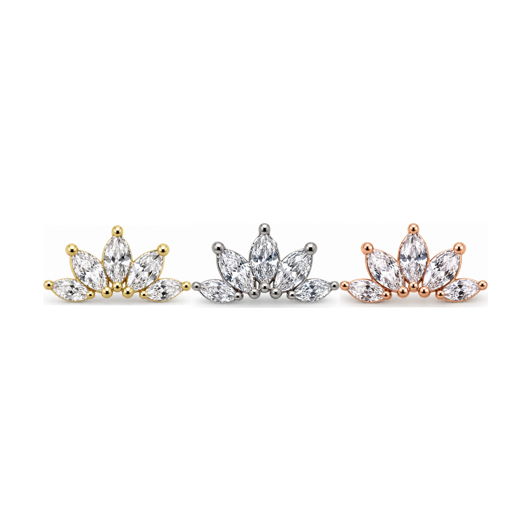 Marquise 5 Fan CZ Threadless End 14k AuAdore — Yellow, White, and Rose Gold comparison
