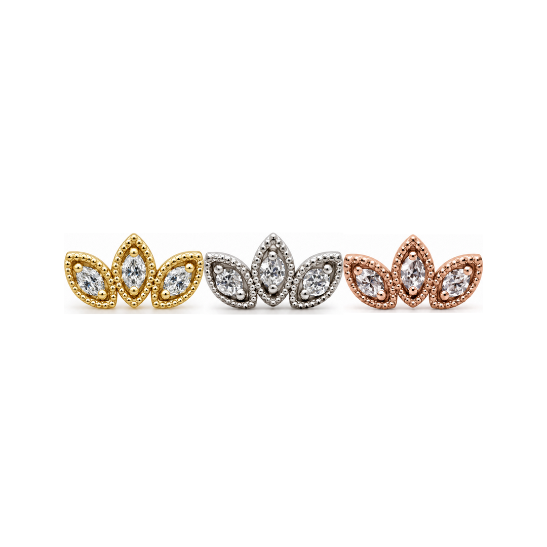Milgrain 3 Fan CZ Threadless End 14k AuAdore — Yellow, White, and Rose Gold comparison