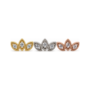 Milgrain 3 Fan CZ Threadless End 14k AuAdore — Yellow, White, and Rose Gold comparison