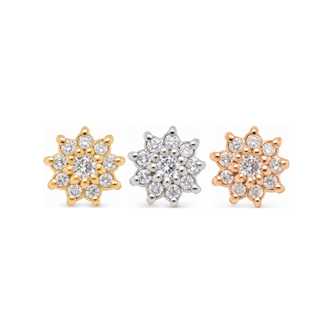 Mini Dahlia Diamond Threadless End 14k AuAdore — Yellow, White, and Rose Gold comparison
