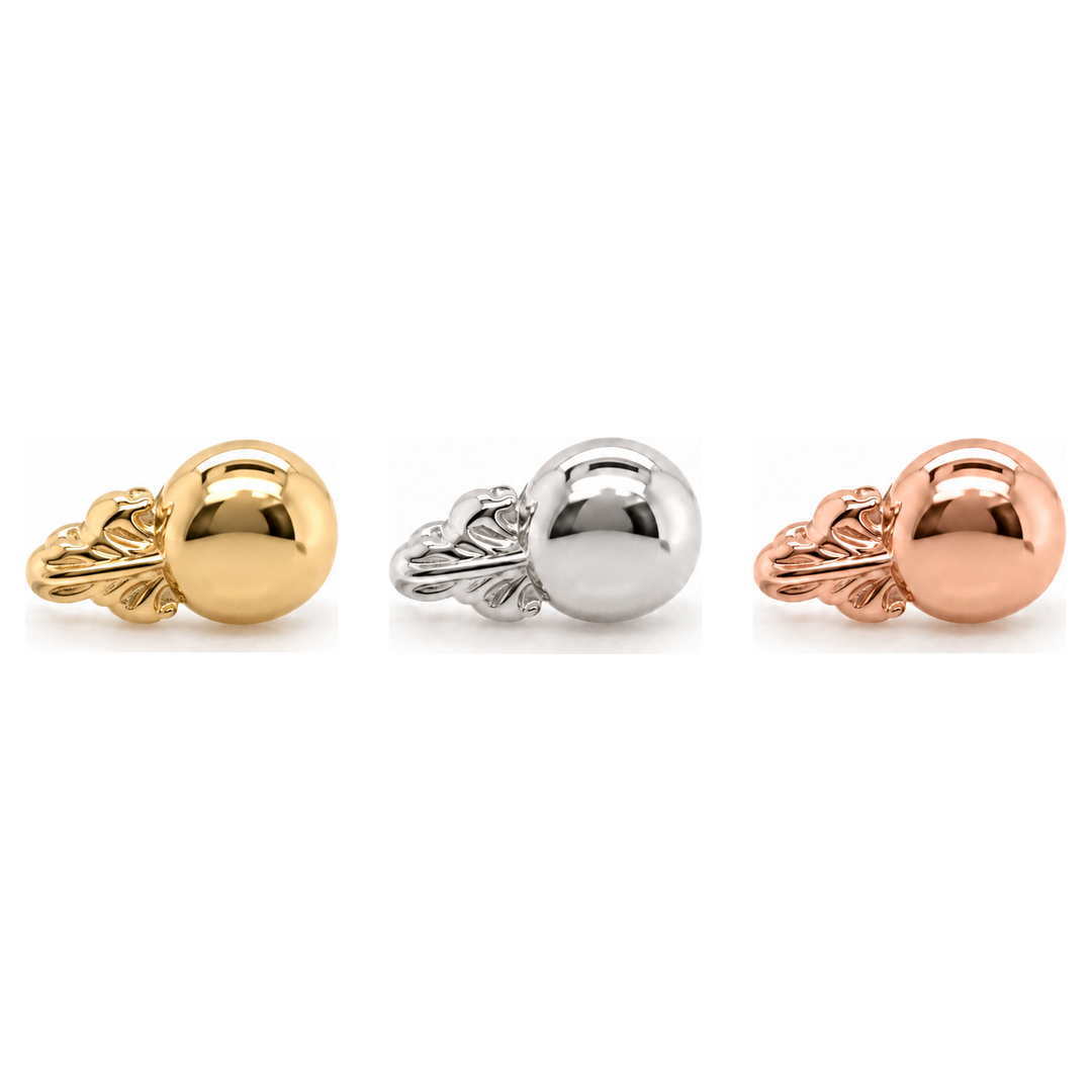 AuAdore Odette 1 Threadless End shown in 14k yellow gold, white gold, and rose gold on a white background.