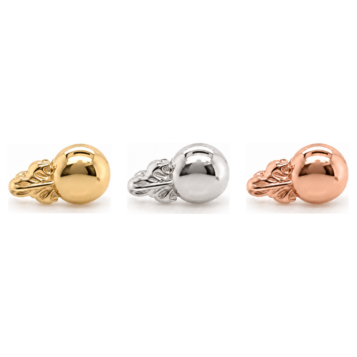 AuAdore Odette 1 Threadless End shown in 14k yellow gold, white gold, and rose gold on a white background.