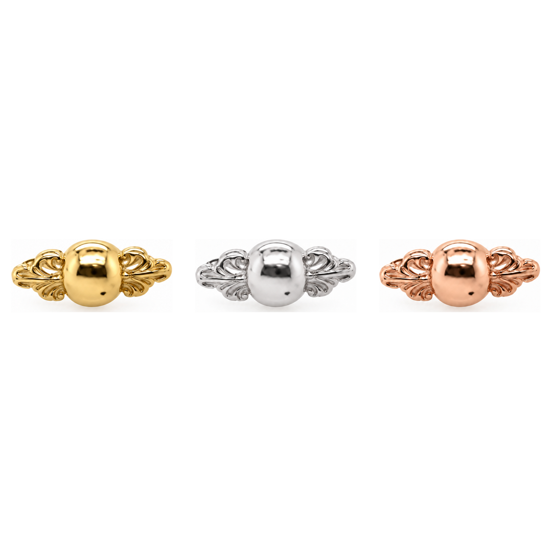 AuAdore Odette 2 Threadless End shown in 14k yellow gold, white gold, and rose gold on a white background.