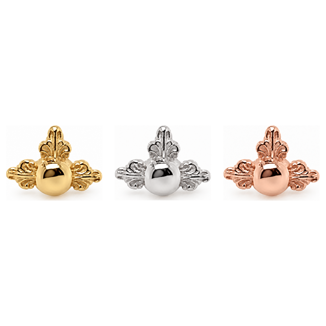 AuAdore Odette 3 Threadless End shown in 14k yellow gold, white gold, and rose gold on a white background.