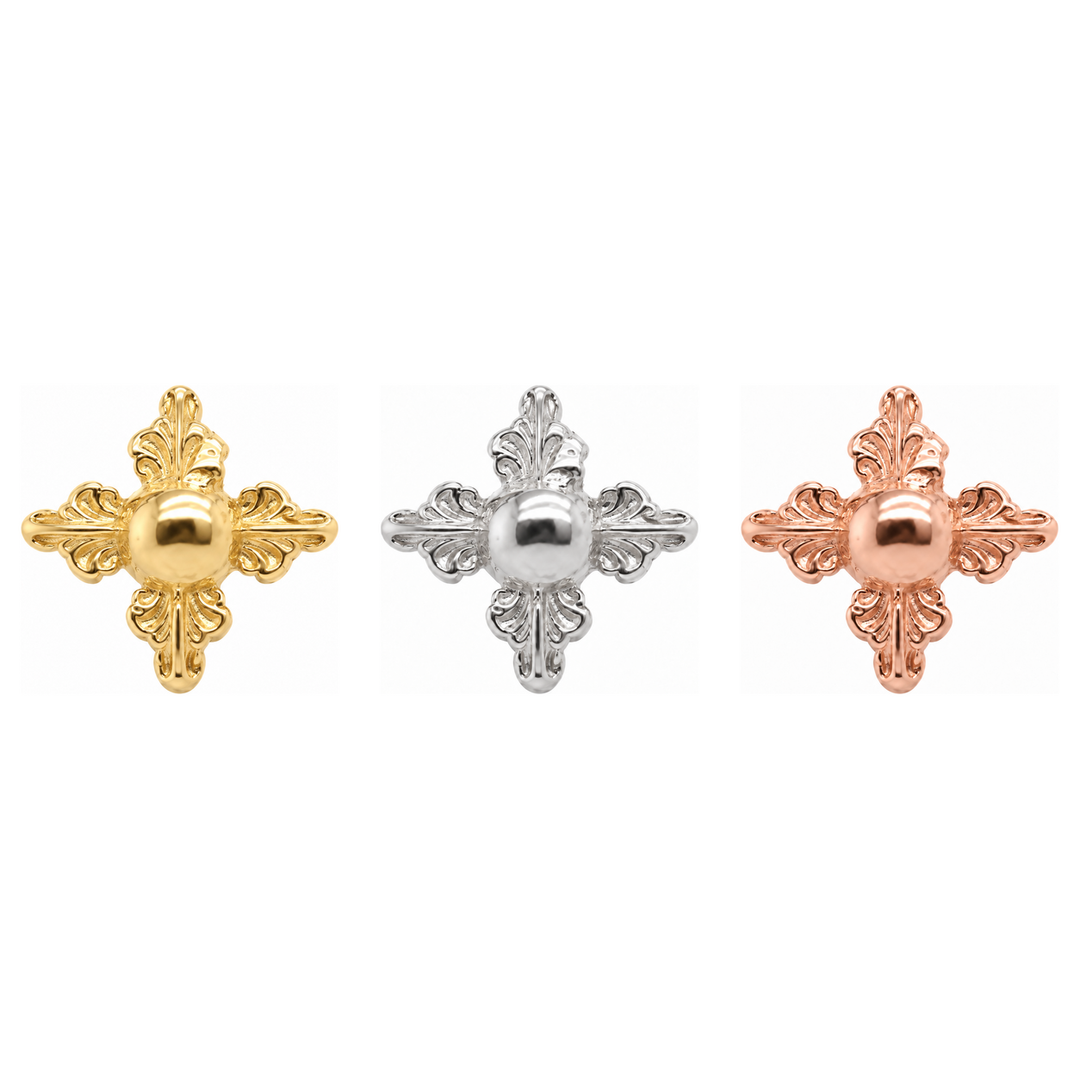 AuAdore Odette 4 Threadless End shown in 14k yellow gold, white gold, and rose gold on a white background.