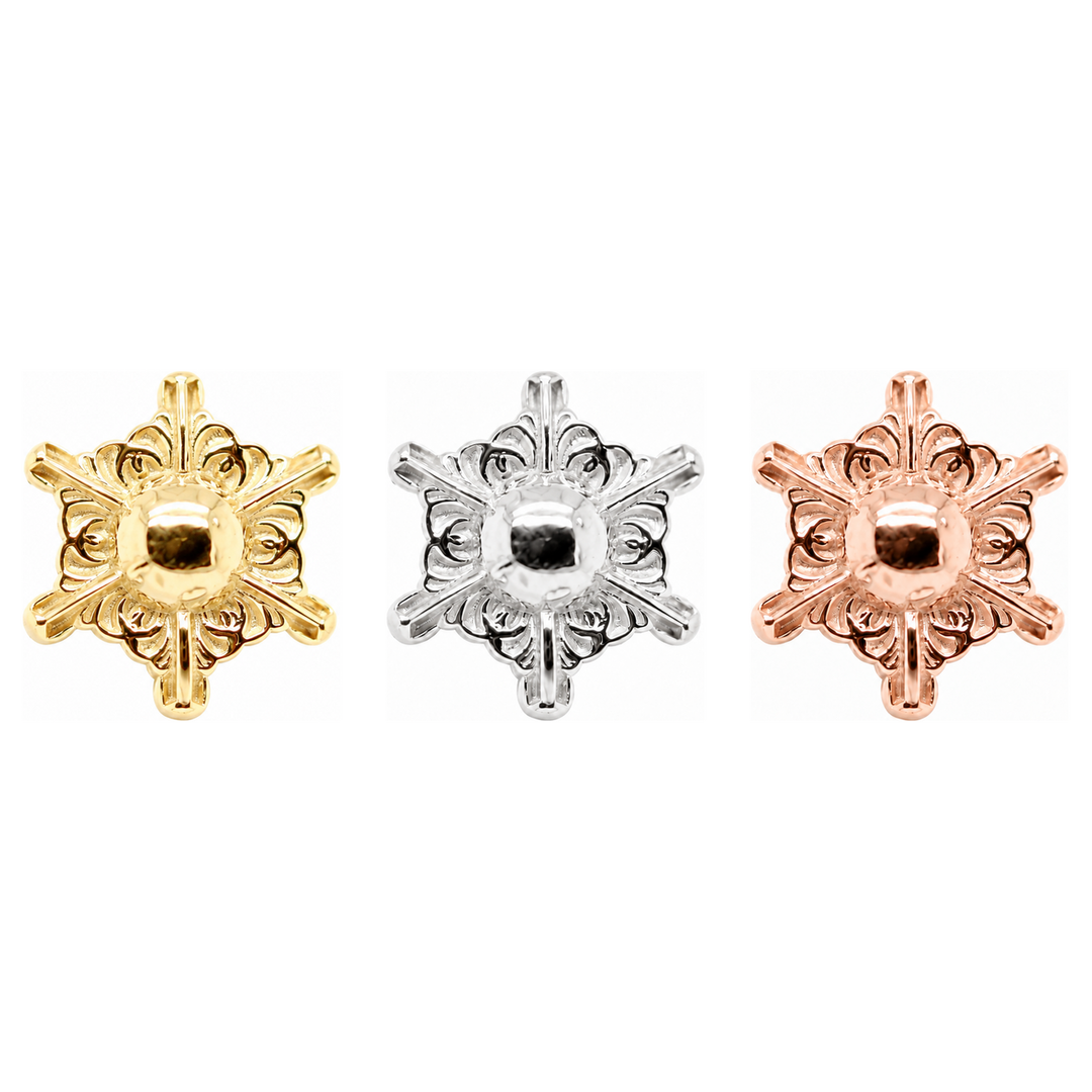 AuAdore Odette 6 Threadless End shown in 14k yellow gold, white gold, and rose gold on a white background.