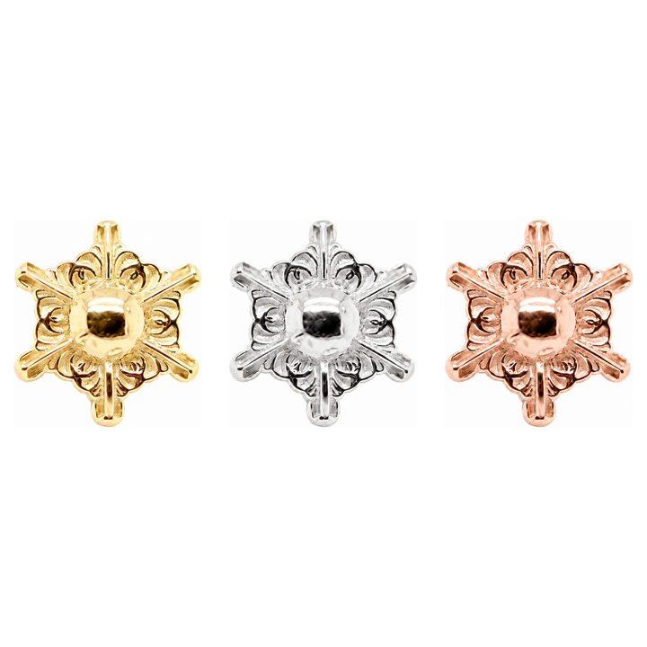 AuAdore Odette 6 Threadless End shown in 14k yellow gold, white gold, and rose gold on a white background.
