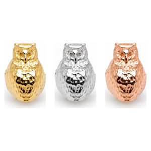 AuAdore Owl Threadless End shown in 14k yellow gold, white gold, and rose gold on a white background.
