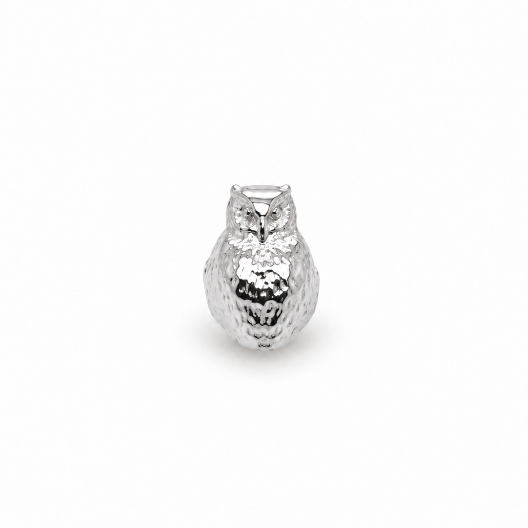 AuAdore Owl Threadless End in polished 14k white gold on a white background.