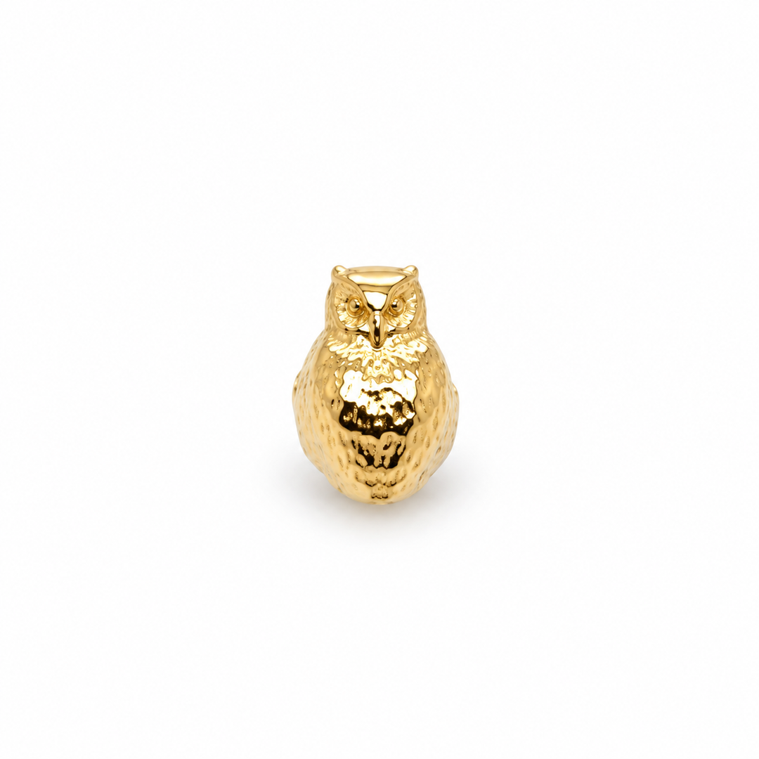 AuAdore Owl Threadless End in polished 14k yellow gold on a white background.