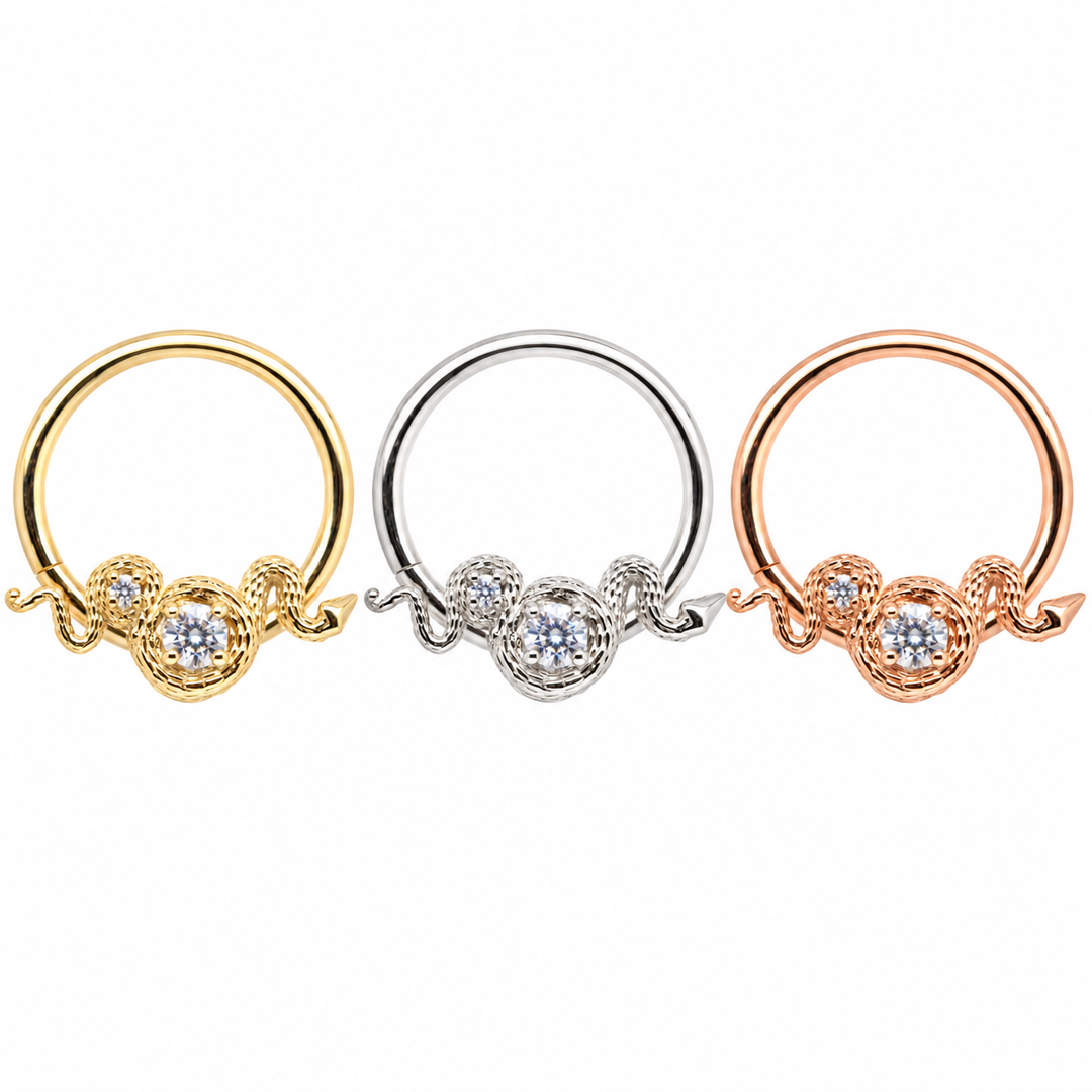 AuAdore Rebirth CZ 16g rings in yellow, white and rose gold, left to right