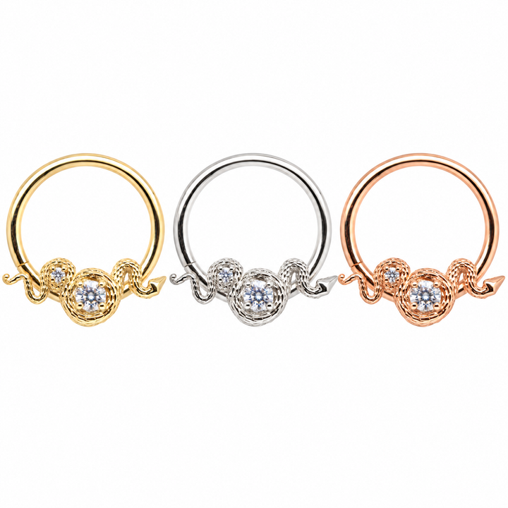 AuAdore Rebirth CZ 16g rings in yellow, white and rose gold, left to right