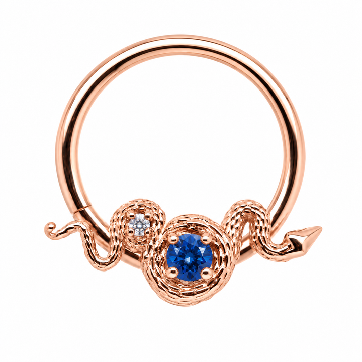 AuAdore Rebirth Lab Blue Sapphire and Diamond 16g ring in 14k rose gold, front view