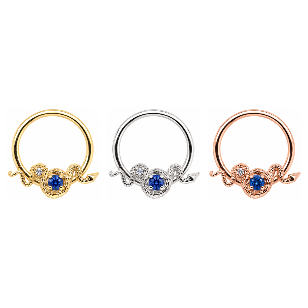 AuAdore Rebirth Lab Blue Sapphire and Diamond 16g rings in yellow, white and rose gold, left to right