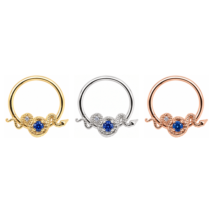 AuAdore Rebirth Lab Blue Sapphire and Diamond 16g rings in yellow, white and rose gold, left to right