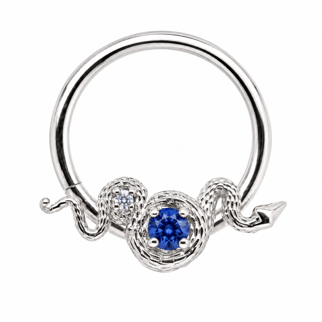 AuAdore Rebirth Lab Blue Sapphire and Diamond 16g ring in 14k white gold, front view