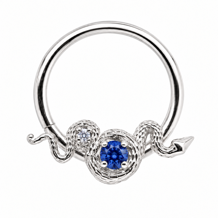 AuAdore Rebirth Lab Blue Sapphire and Diamond 16g ring in 14k white gold, front view