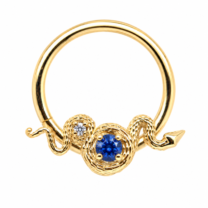 AuAdore Rebirth Lab Blue Sapphire and Diamond 16g ring in 14k yellow gold, front view