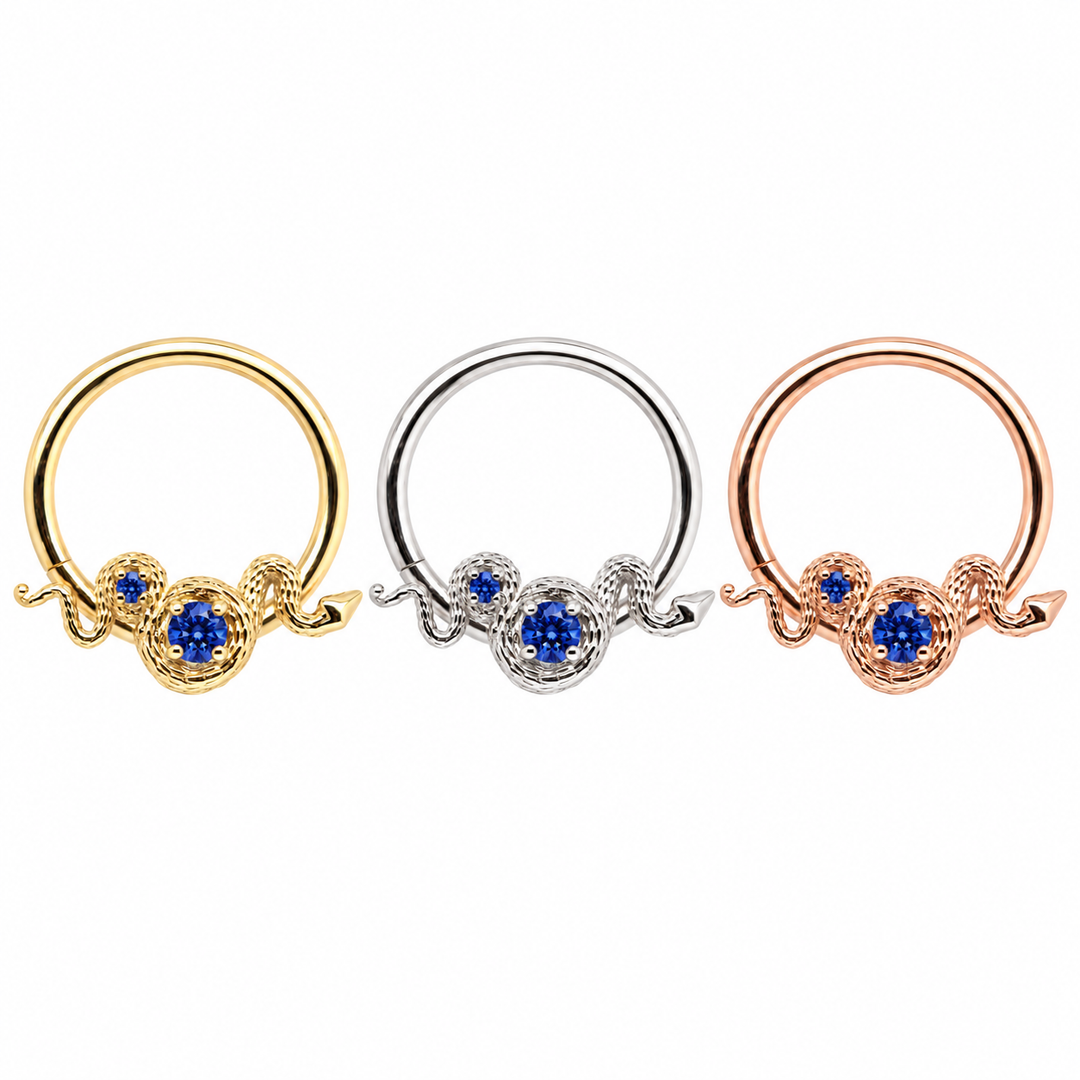 AuAdore Rebirth Lab Blue Sapphire 16g rings in yellow, white and rose gold, left to right