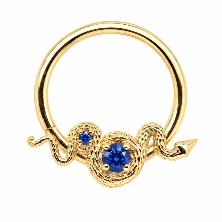 AuAdore Rebirth Lab Blue Sapphire 16g ring in 14k yellow gold, front view