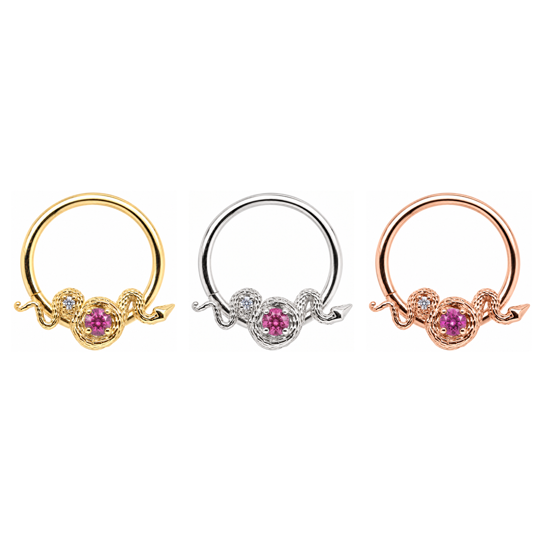 AuAdore Rebirth Lab Pink Sapphire and Diamond 16g rings in yellow, white and rose gold, left to right