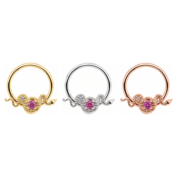 AuAdore Rebirth Lab Pink Sapphire and Diamond 16g rings in yellow, white and rose gold, left to right