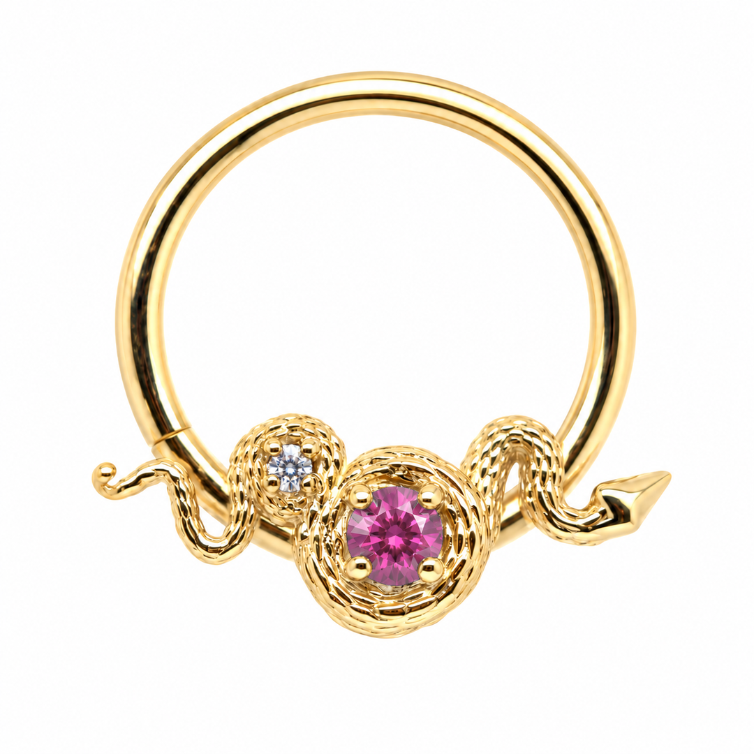 AuAdore Rebirth Lab Pink Sapphire and Diamond 16g ring in 14k yellow gold, front view