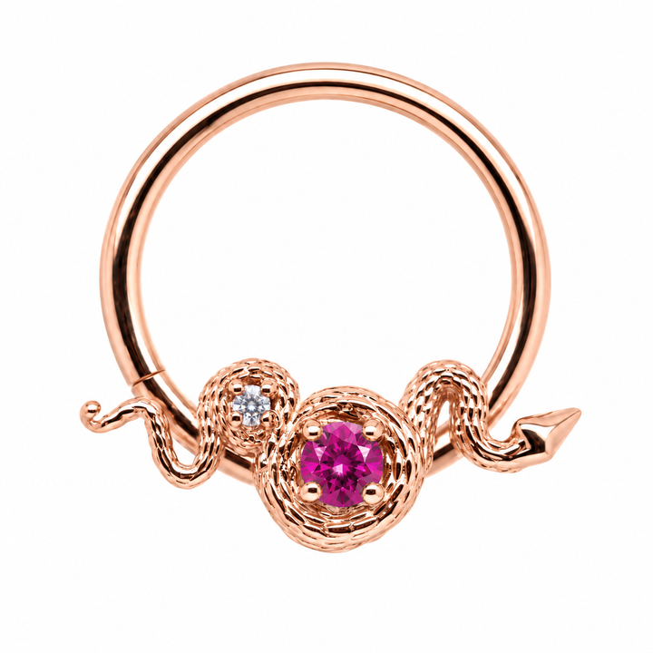 AuAdore Rebirth Lab Ruby and Diamond 16g ring in 14k rose gold, front view