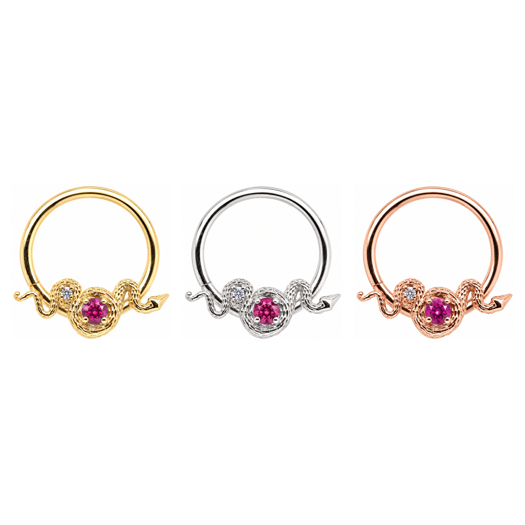 AuAdore Rebirth Lab Ruby and Diamond 16g rings in yellow, white and rose gold, left to right