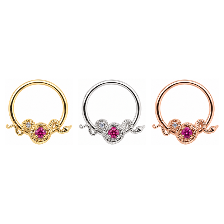 AuAdore Rebirth Lab Ruby and Diamond 16g rings in yellow, white and rose gold, left to right