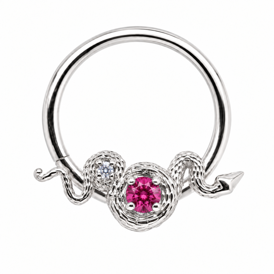 AuAdore Rebirth Lab Ruby and Diamond 16g ring in 14k white gold, front view