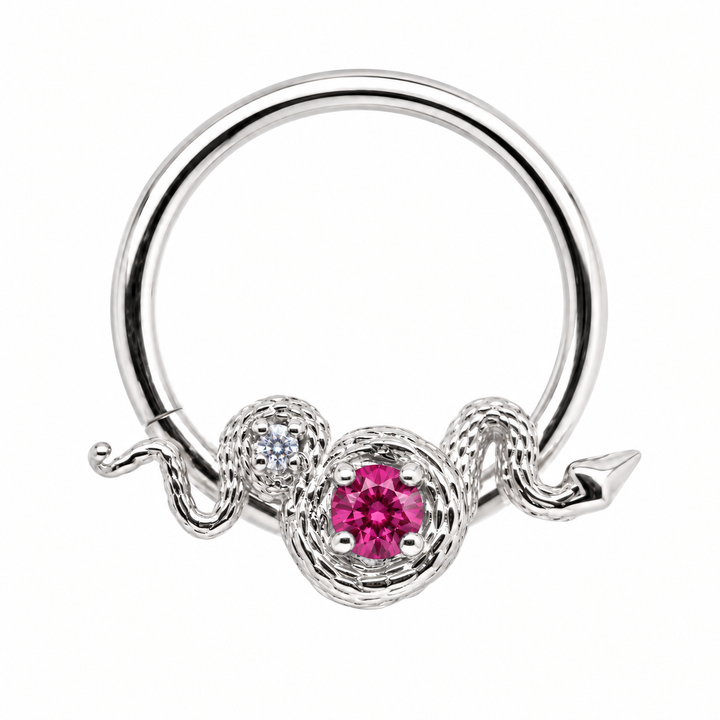 AuAdore Rebirth Lab Ruby and Diamond 16g ring in 14k white gold, front view