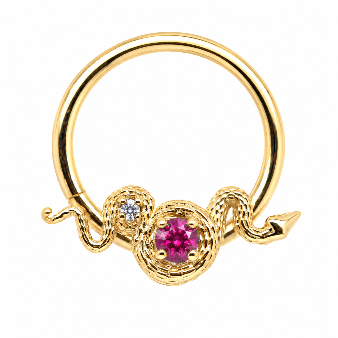 AuAdore Rebirth Lab Ruby and Diamond 16g ring in 14k yellow gold, front view
