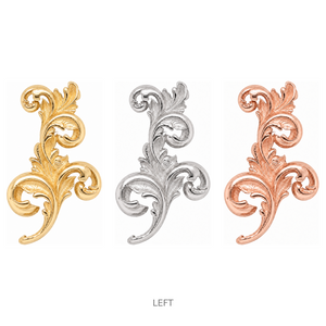 AuAdore Royal Curve Left Threaded End shown in 14k yellow gold, white gold, and rose gold on a white background.