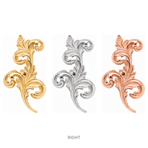 AuAdore Royal Curve Right Threadless End shown in 14k yellow gold, white gold, and rose gold on a white background.