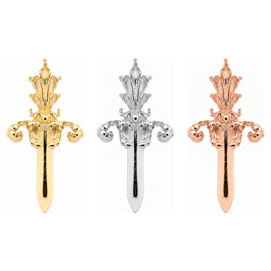 AuAdore Royal Dagger Threadless End shown in 14k yellow gold, white gold, and rose gold on a white background.
