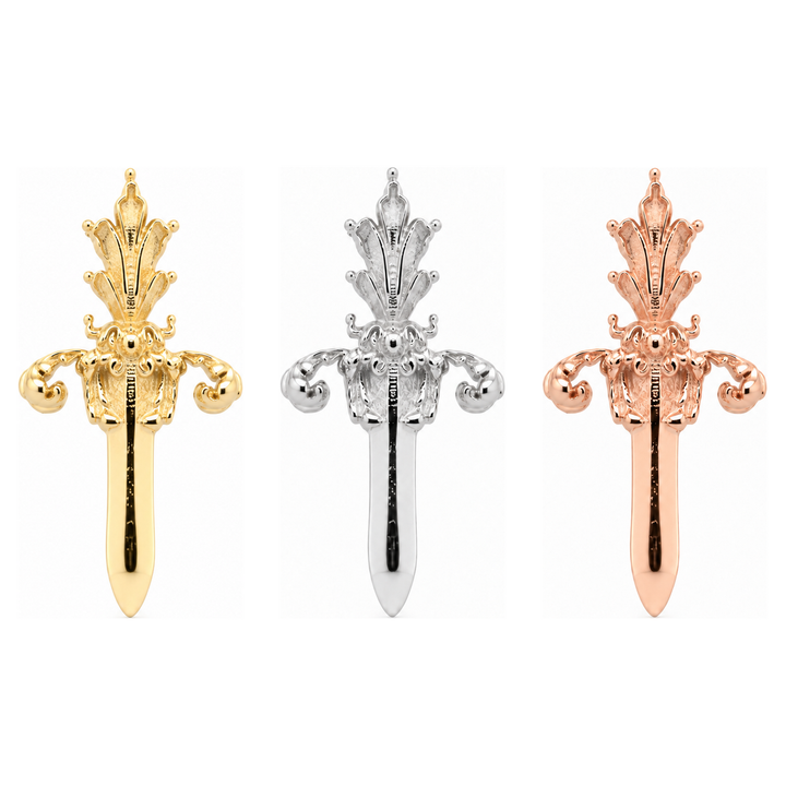 AuAdore Royal Dagger Threadless End shown in 14k yellow gold, white gold, and rose gold on a white background.