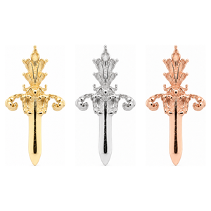 AuAdore Royal Dagger Threadless End shown in 14k yellow gold, white gold, and rose gold on a white background.