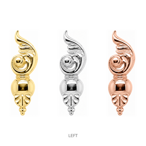 AuAdore Sanctified Left Facing Threadless End shown in 14k yellow gold, white gold, and rose gold on a white background.