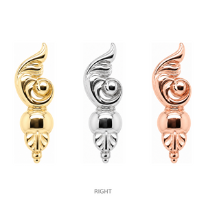 AuAdore Sanctified Right Facing Threadless End shown in 14k yellow gold, white gold, and rose gold on a white background.