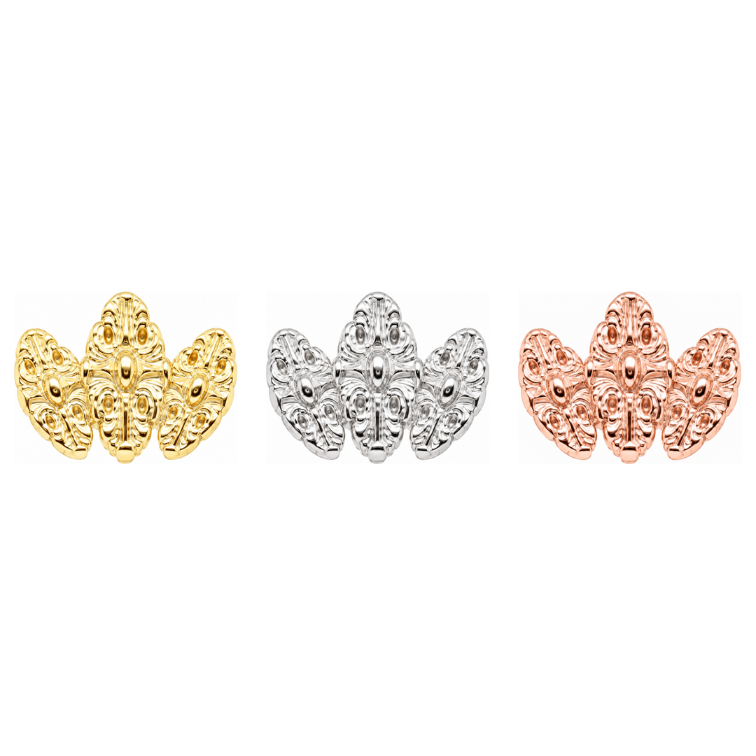 AuAdore Small Honesty Fan Threadless End shown in 14k yellow gold, white gold, and rose gold on a white background.