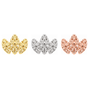 AuAdore Small Honesty Fan Threadless End shown in 14k yellow gold, white gold, and rose gold on a white background.