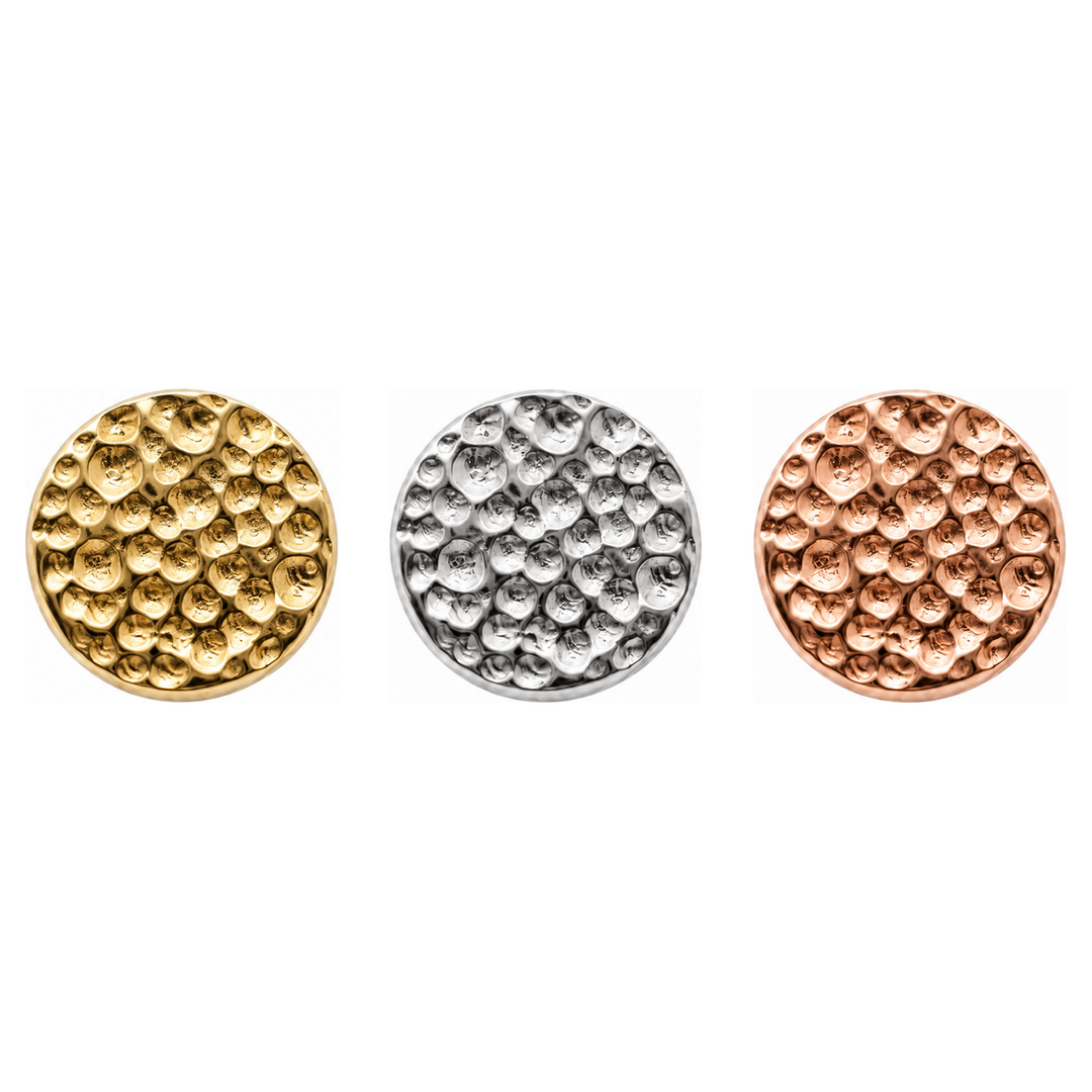 AuAdore Textured Disk Threadless End shown in 14k yellow gold, white gold, and rose gold on a white background.