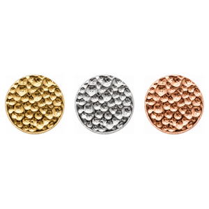 AuAdore Textured Disk Threadless End shown in 14k yellow gold, white gold, and rose gold on a white background.