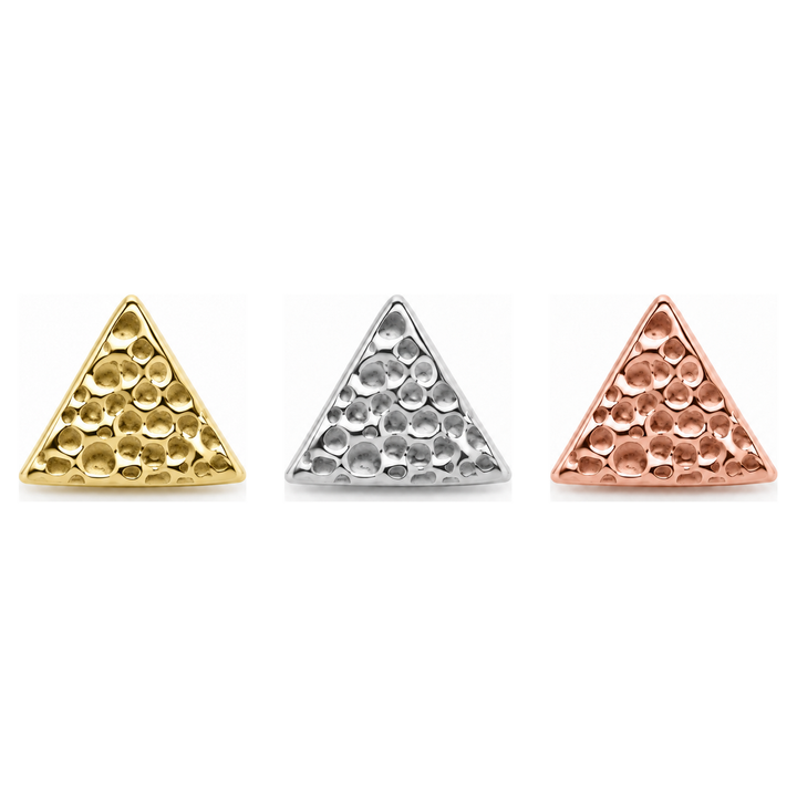AuAdore Textured Triangle Threadless End shown in 14k yellow gold, white gold, and rose gold on a white background.