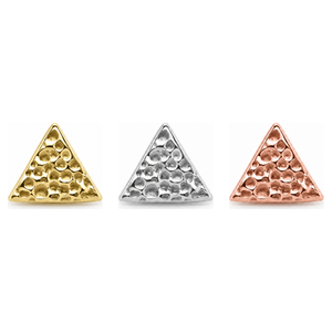 AuAdore Textured Triangle Threadless End shown in 14k yellow gold, white gold, and rose gold on a white background.