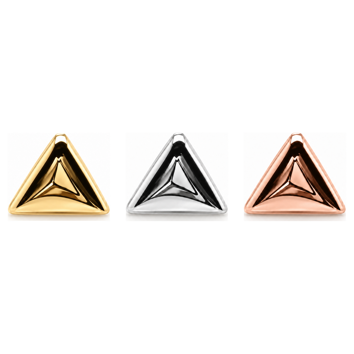 AuAdore Triangle Threadless End shown in 14k yellow gold, white gold, and rose gold on a white background.