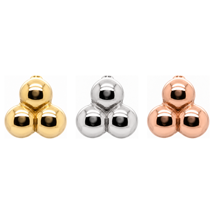 AuAdore Tribead Threadless End shown in 14k yellow gold, white gold, and rose gold on a white background.