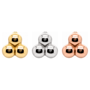 AuAdore Tribead Threadless End shown in 14k yellow gold, white gold, and rose gold on a white background.